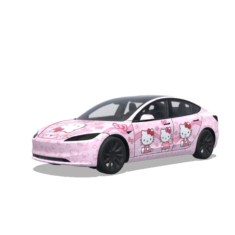 Tesla Model 3 (2024+) with a Hello Kitty pink wrap, 3D Paint Shop preview