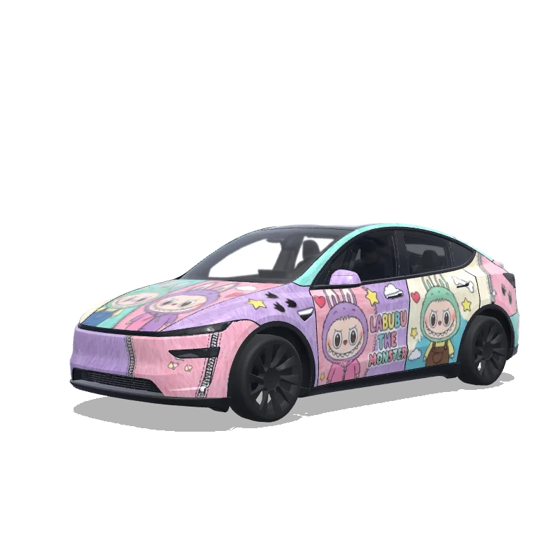 Tesla Model Y (2025+) with a Labubu wrap, 3D Paint Shop preview